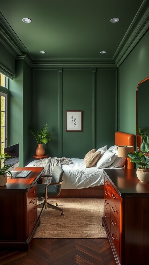 Cozy bedroom with deep green walls, mahogany furniture, and a workspace