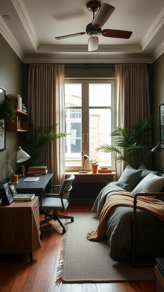 A cozy bedroom featuring deep olive walls, a comfortable bed, and a workspace with plants and earthy textiles.