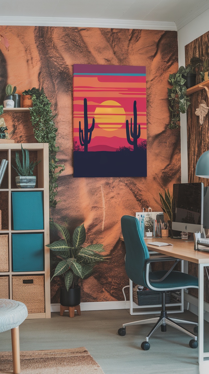 A vibrant canvas depicting a desert sunset with silhouetted cacti, displayed on a textured wall in a stylish home office.