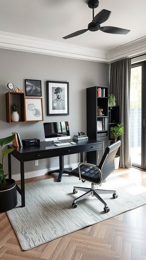 Modern home office with a black desk, ergonomic chair, and stylish decor.