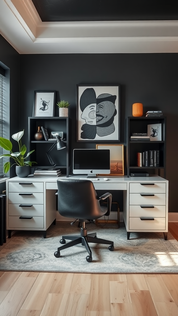 Stylish home office with a modern desk and black walls