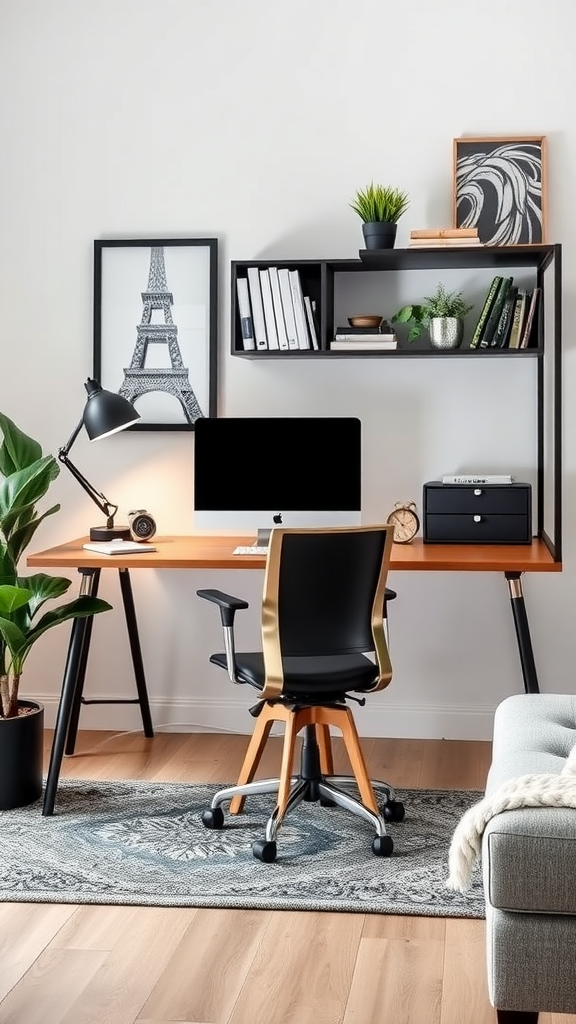 A modern and stylish home office setup featuring a desk, chair, and decorative elements.