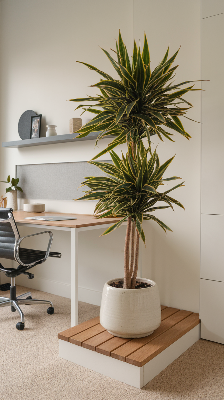 A tall Dracaena plant in a stylish pot, placed next to a modern desk in a bright indoor setting.