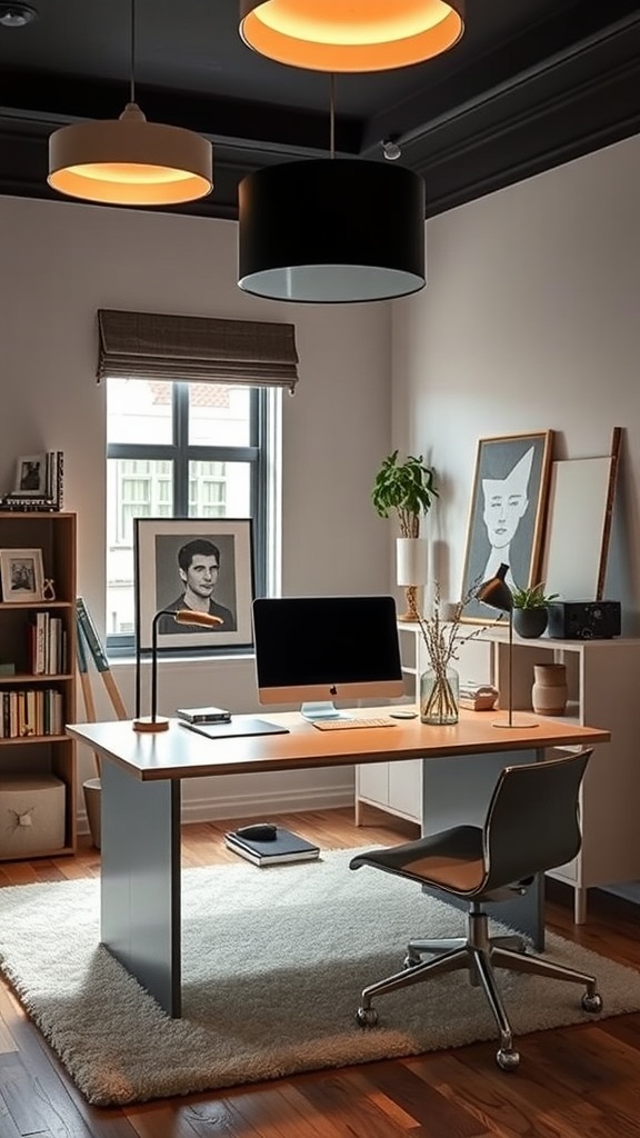 A cozy home office featuring dramatic lighting, a wooden desk, and artistic decor.