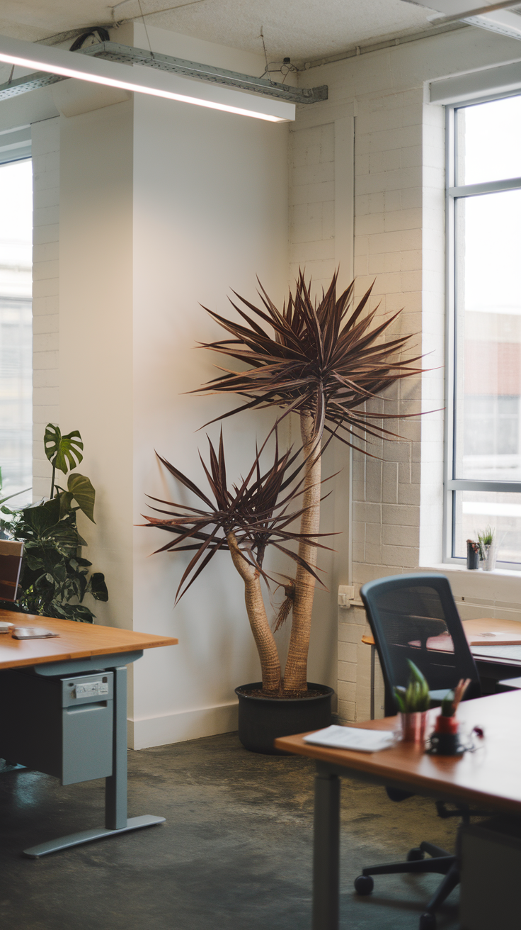 An office space featuring a tall Dumb Cane plant with dramatic leaves, set against bright windows and a modern desk.