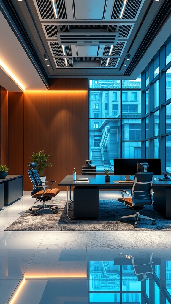 A modern executive office space with large windows, luxury furniture, and a sleek design.