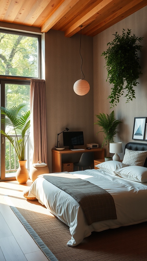 A cozy bedroom with natural light, featuring a desk, plants, and earthy textures.