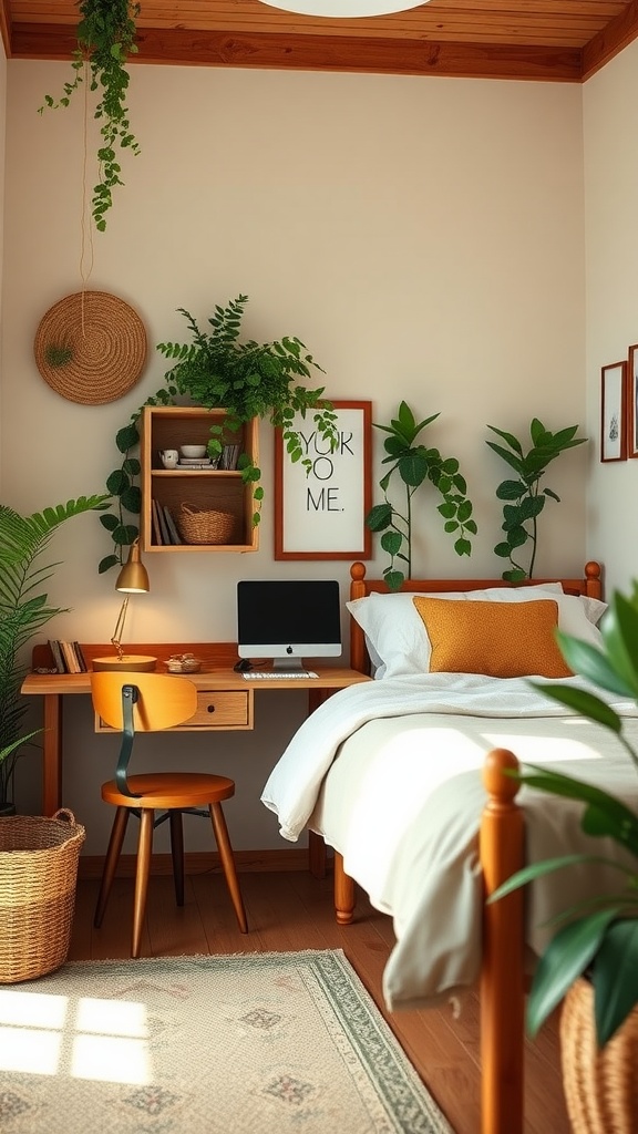 A cozy bedroom office featuring earthy tones with plants and a stylish desk.