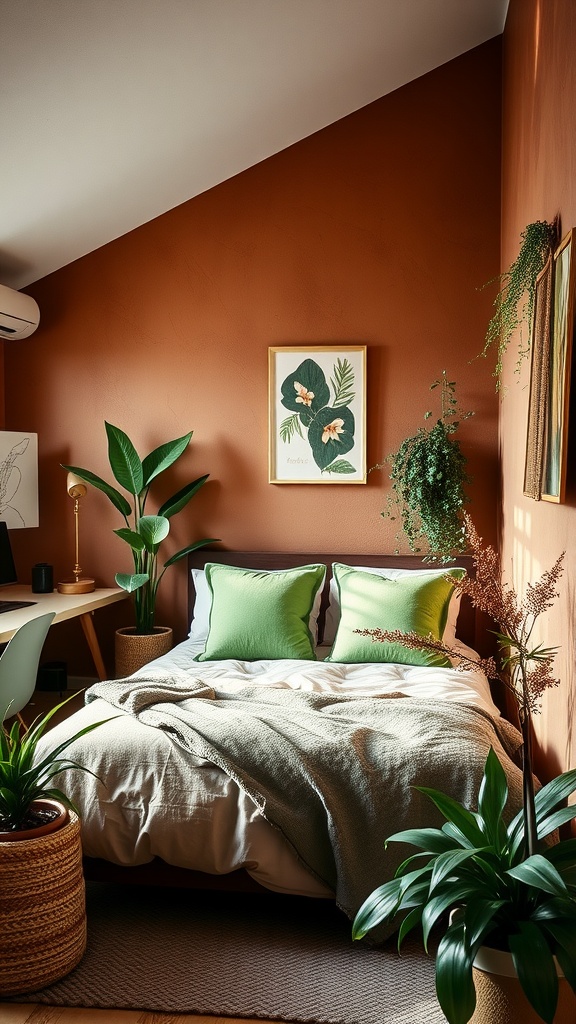 Cozy bedroom with earthy tones and green accents, featuring plants, a bed with green pillows, and a minimalist office nook.