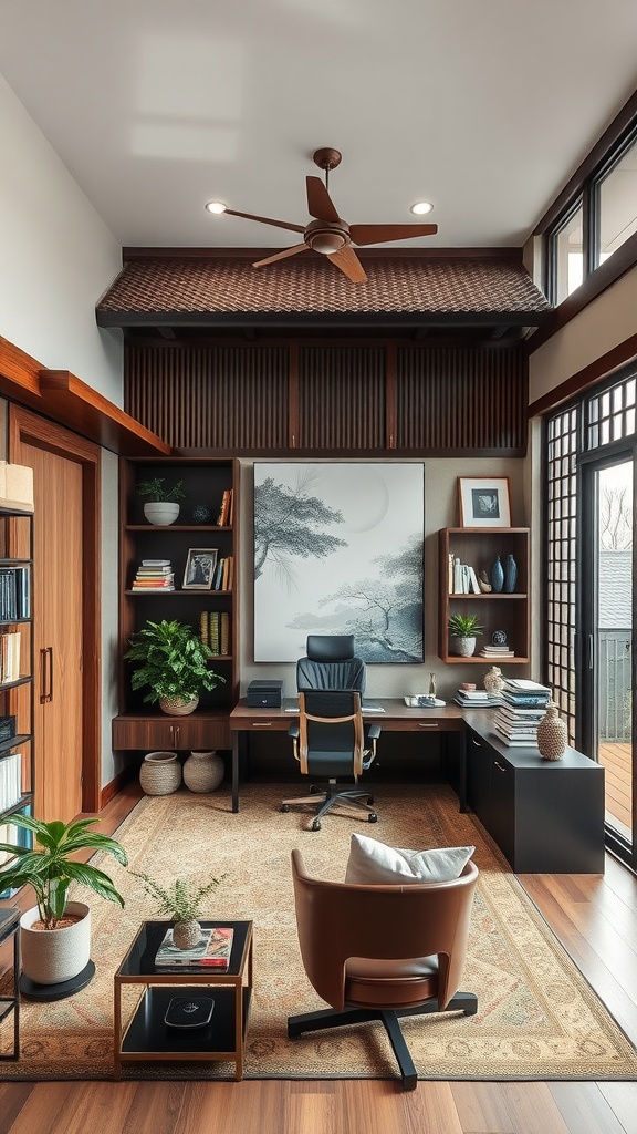A modern home office designed with eclectic Asian fusion, featuring wooden elements, a comfortable chair, and natural light.
