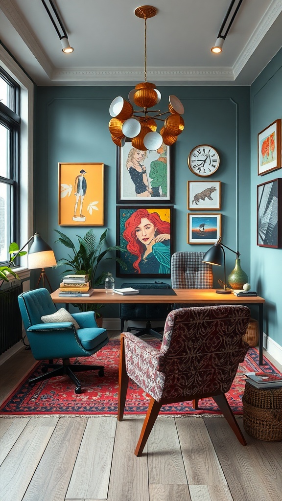 A colorful bohemian workspace featuring a modern desk, eclectic art, and stylish furniture.