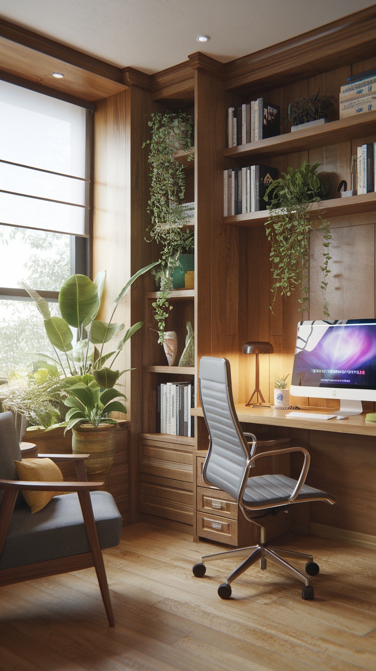 Eco-friendly home office design with wooden shelves, plants, a desk, and a comfortable chair.