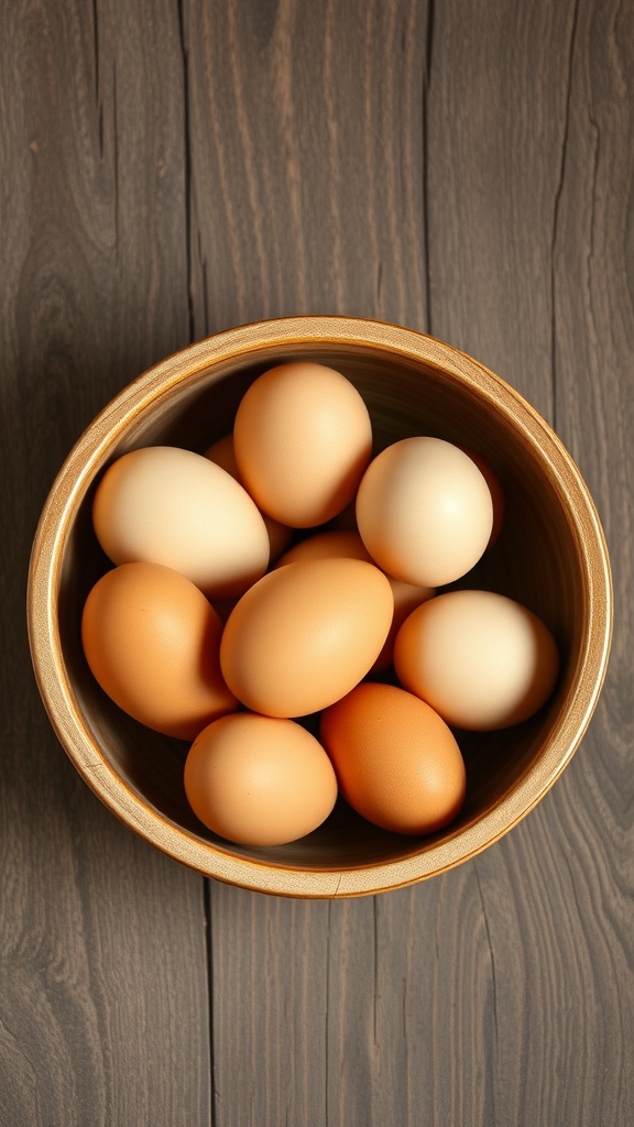 A bowl containing a variety of eggs on a wooden surface