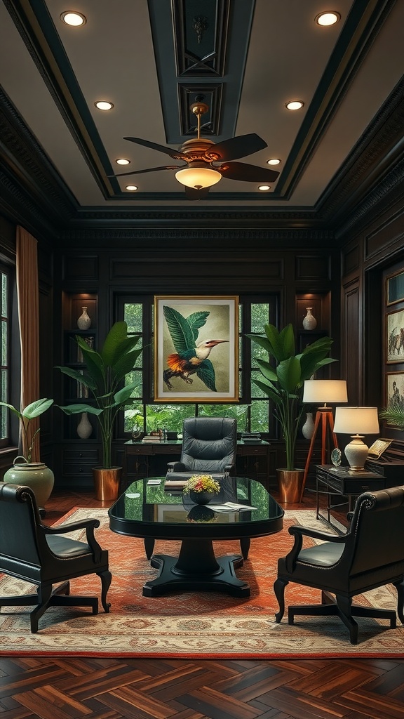A sophisticated British Colonial style executive office featuring dark wood paneling, a large glass table, luxury office furniture, and tropical plants.
