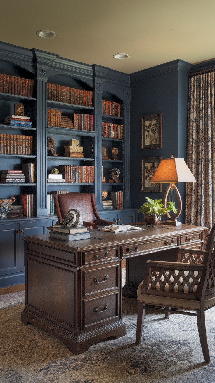 A classic study setup with a wooden desk, leather chair, and built-in shelves filled with books against a deep blue wall.