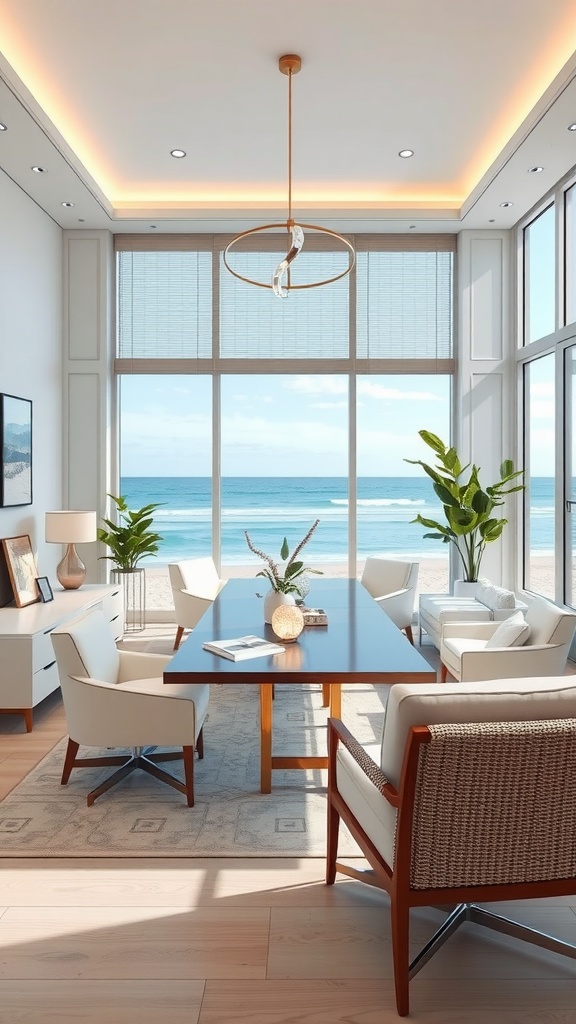 An elegant coastal office interior with large windows, a wooden conference table, white chairs, and views of the ocean.