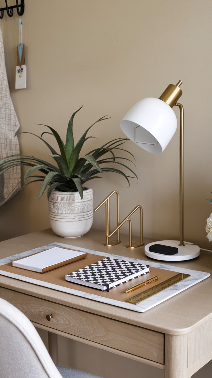 A stylish desk arrangement featuring a chic lamp, a plant, notebooks, and gold accents.