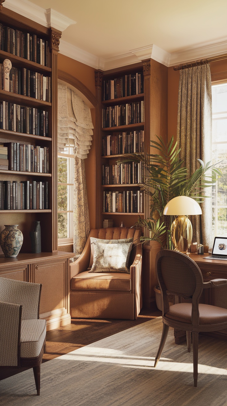 A cozy home office featuring wooden bookshelves filled with books, a stylish desk, a comfortable chair, and a warm color palette, with natural light coming through the window.