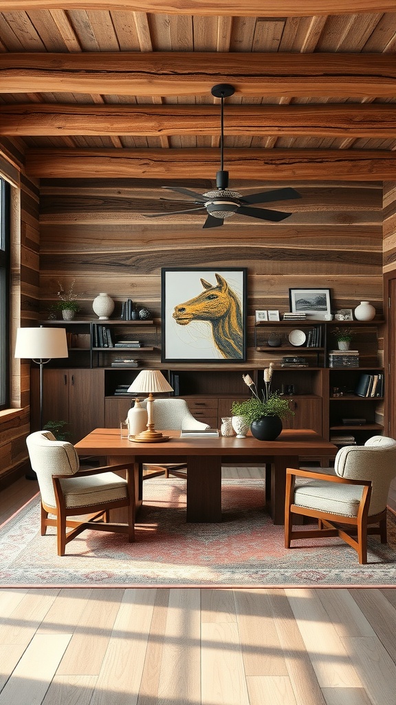 A rustic executive office featuring wooden beams, a modern desk, and elegant decor.