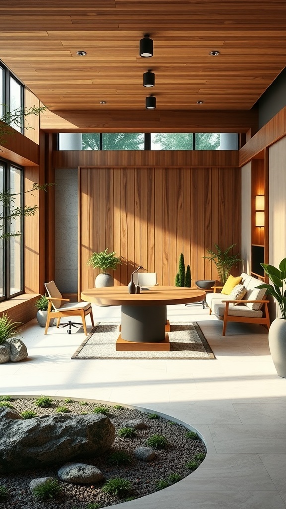 A modern executive office with a Zen garden aesthetic featuring wooden elements and a sleek round table.