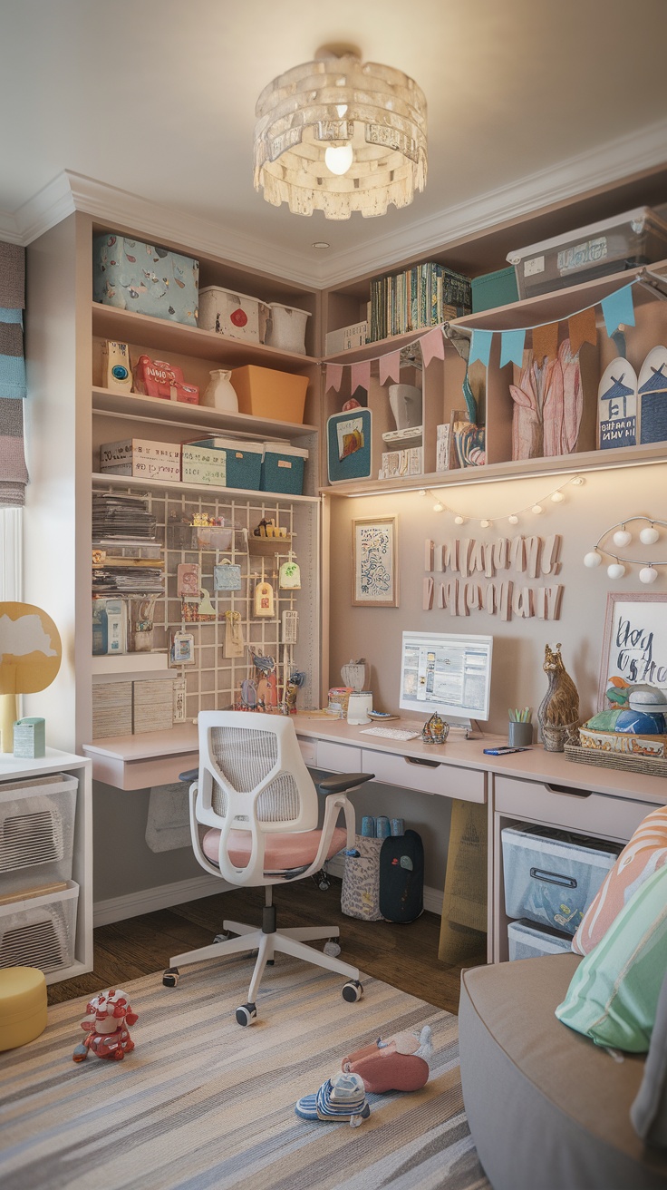 A stylish family-friendly home office with a light color palette, a spacious desk, comfortable chair, and playful decor, reflecting a warm and inviting workspace.