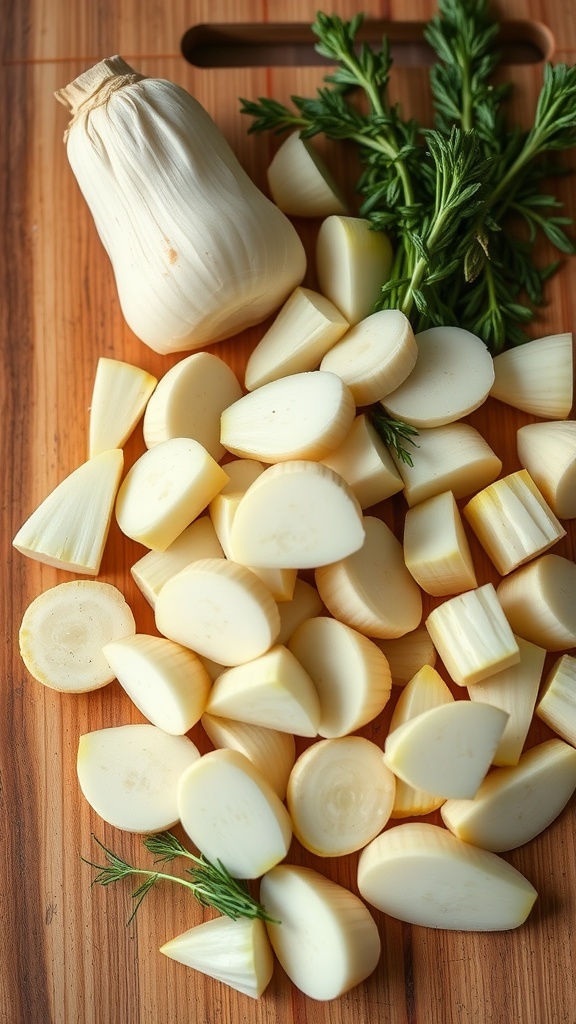 Fresh fennel and chopped fennel bulbs on a wooden cutting board.