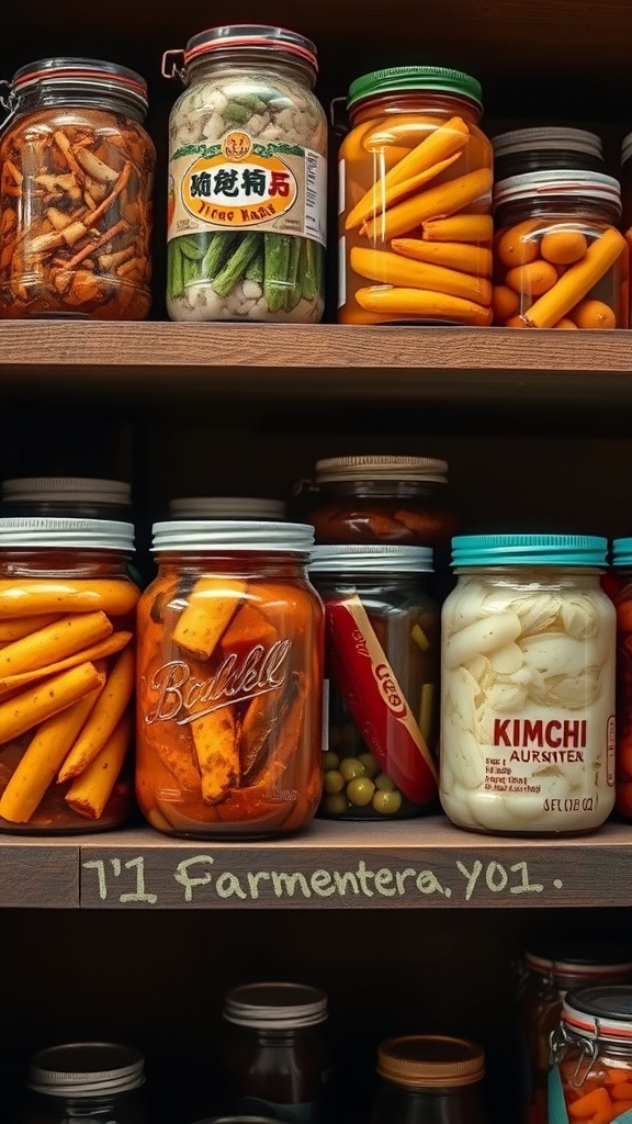 A selection of colorful jars containing various fermented foods like kimchi, pickled vegetables, and carrots.