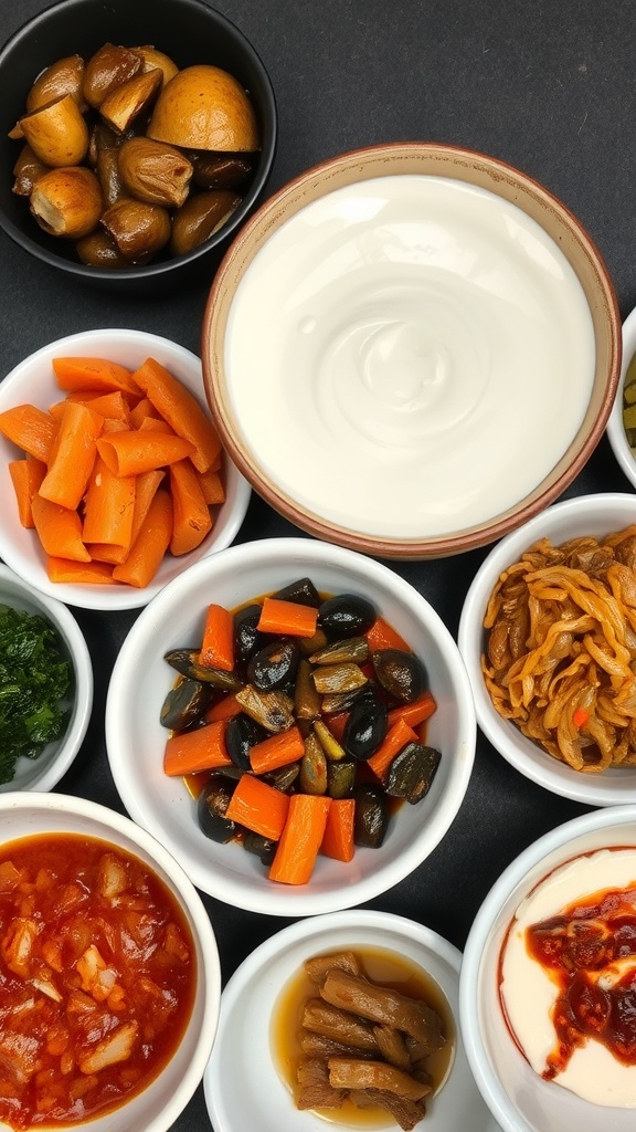 A variety of fermented foods including yogurt, pickled carrots, pickles, and olives displayed in small bowls.