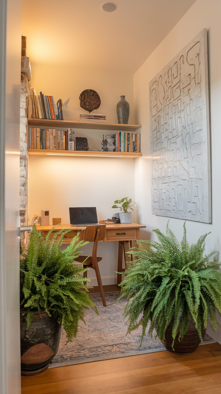 A cozy home office with a wooden desk, books on shelves, and two large ferns in pots.