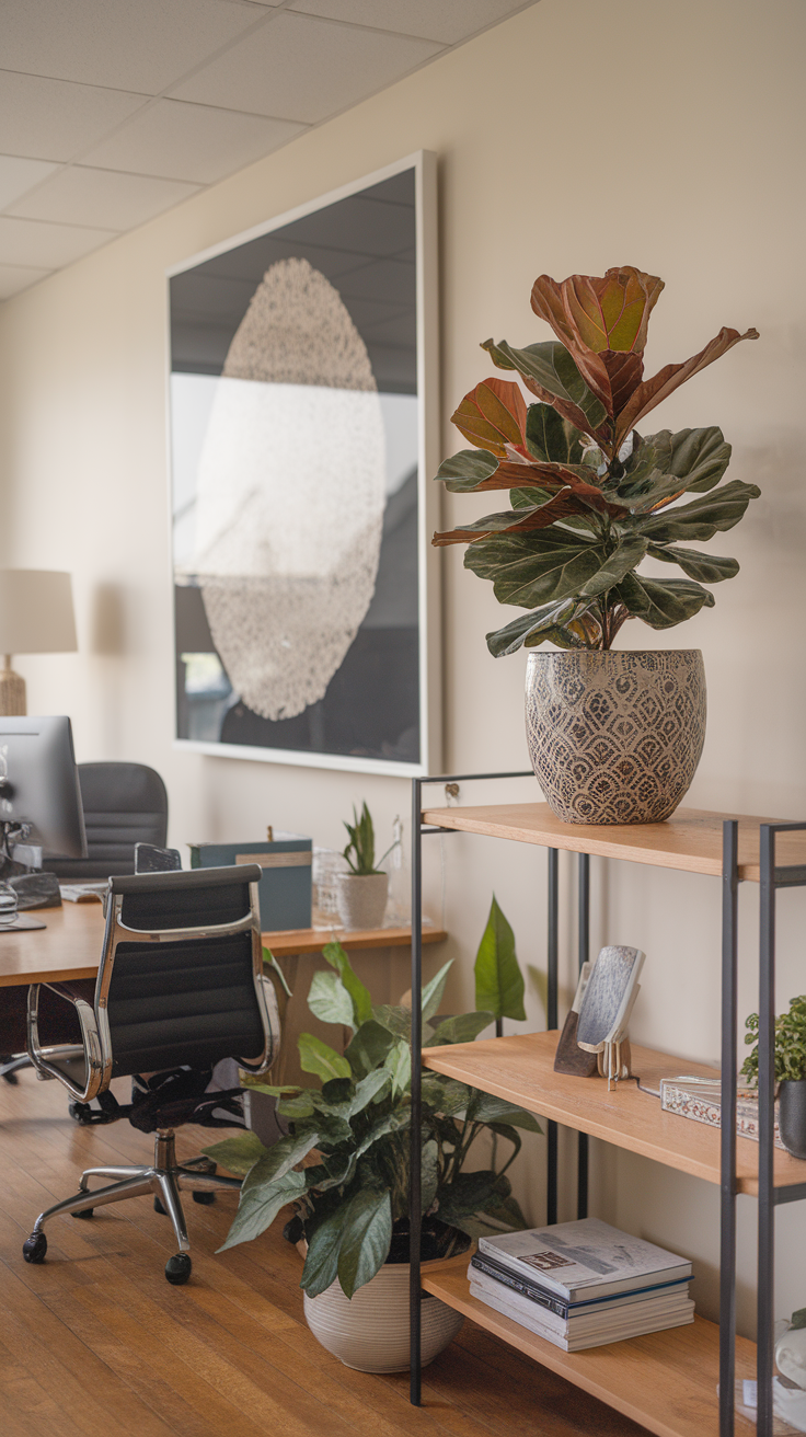 A stylish office with a fiddle leaf fig plant on a shelf, showcasing its dramatic foliage.