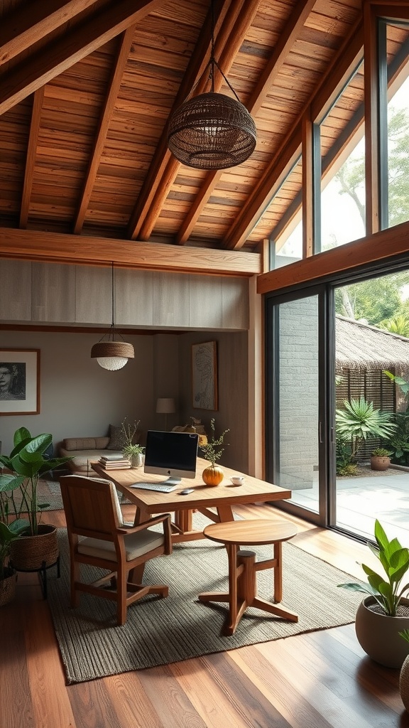 Interior of a home office styled in Bahay Kubo design with wooden beams and plants.