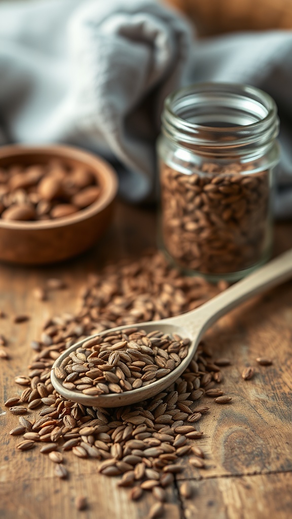 A wooden spoon filled with flaxseeds, with a bowl and jar of flaxseeds in the background on a wooden table.