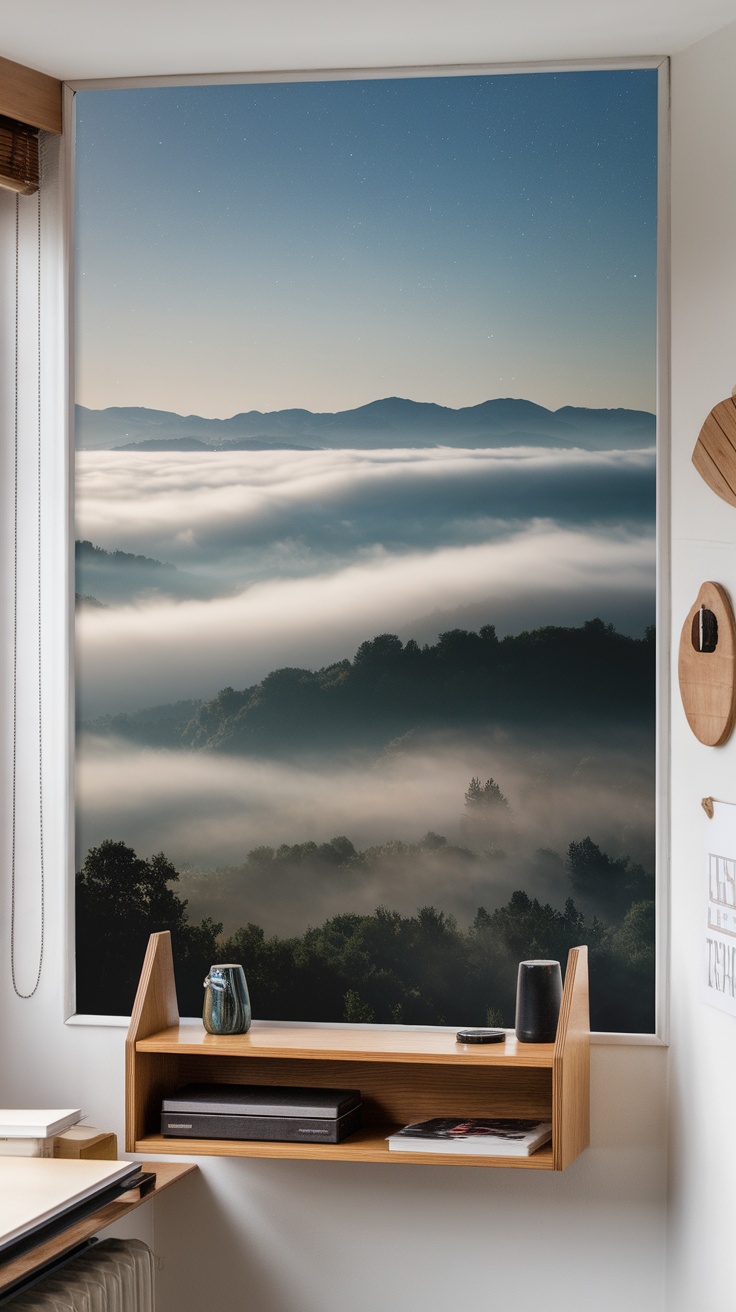 A serene view of foggy mountains in the morning, providing inspiration for home office wall art.