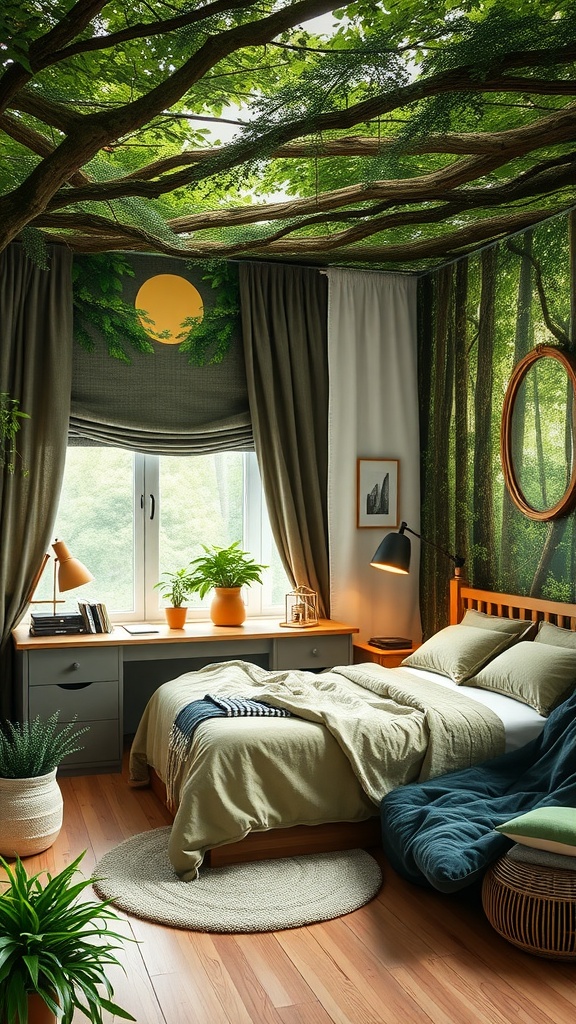 A serene bedroom with forest canopy decor, a cozy desk by a window, and warm earth tones