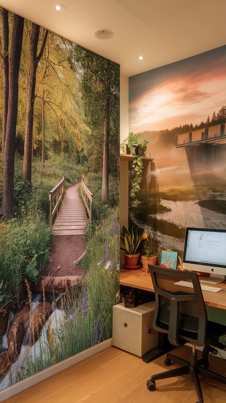 Forest pathway photograph in a home office setting