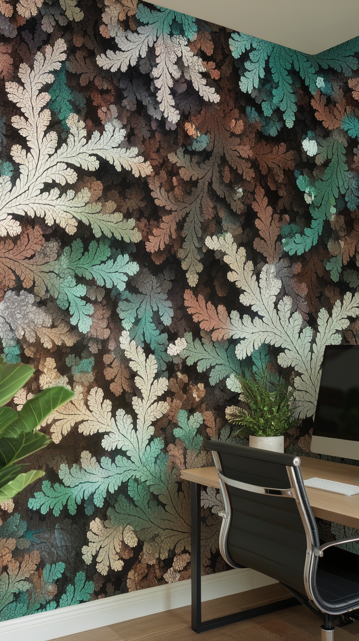 A wall decorated with intricate fractal leaf patterns in shades of green, brown, and white, complementing a modern office setup.