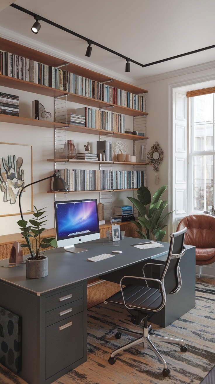 Modern home office with a sleek desk, bookshelves, and a comfortable chair