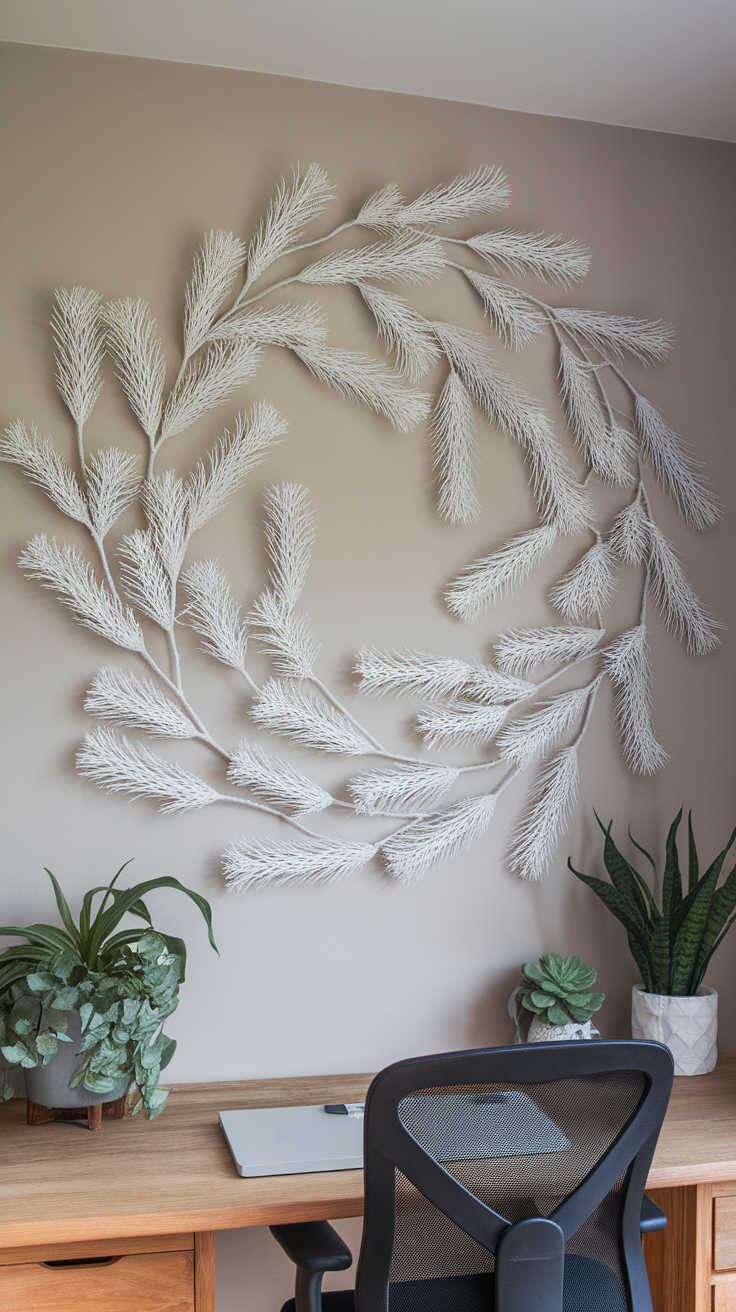 Close-up of a frosted pine branch in an office setting