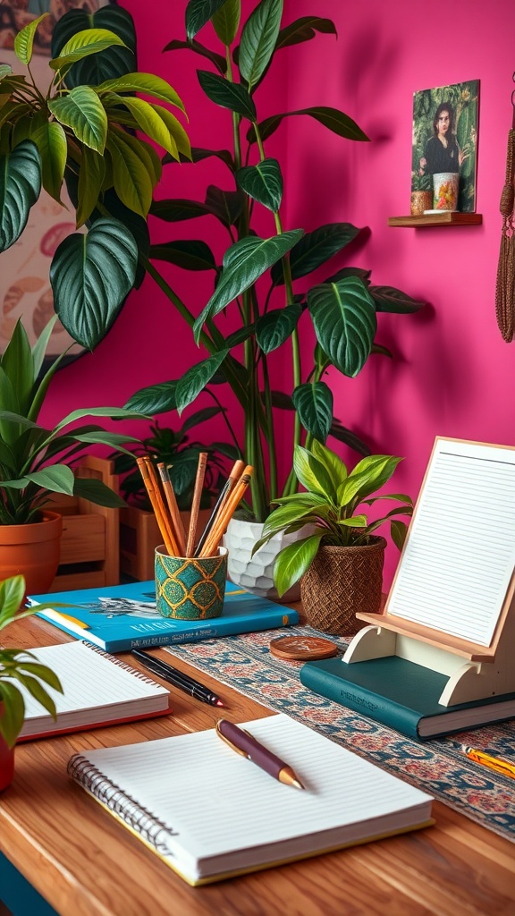 A cozy boho office space featuring a wooden desk with notebooks, pens, and plants against a vibrant pink wall.