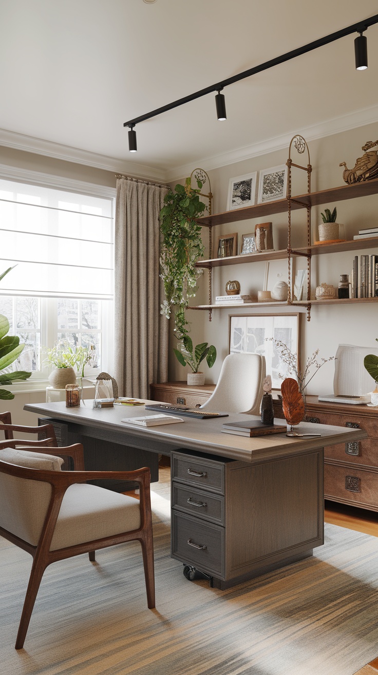 Stylish home office with a spacious desk, wooden furniture, and decorative shelving.