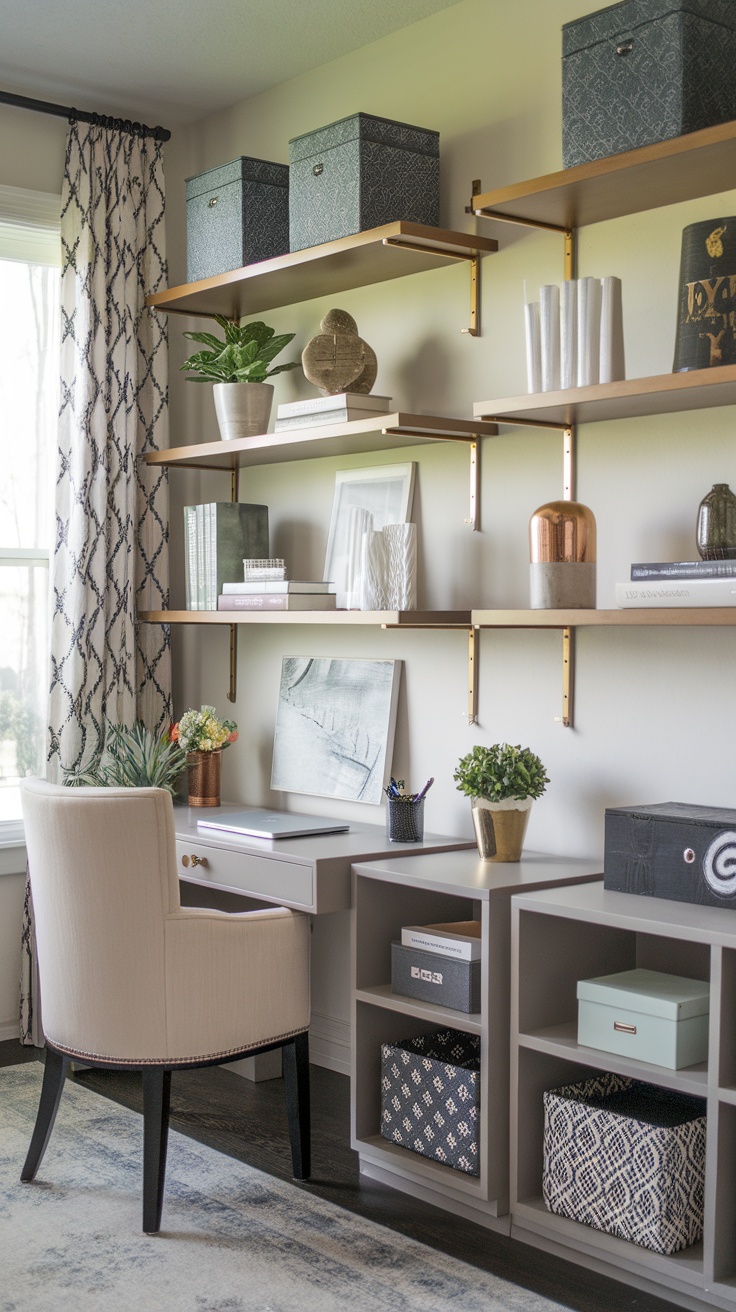 Stylish home office with open shelving and organized storage solutions