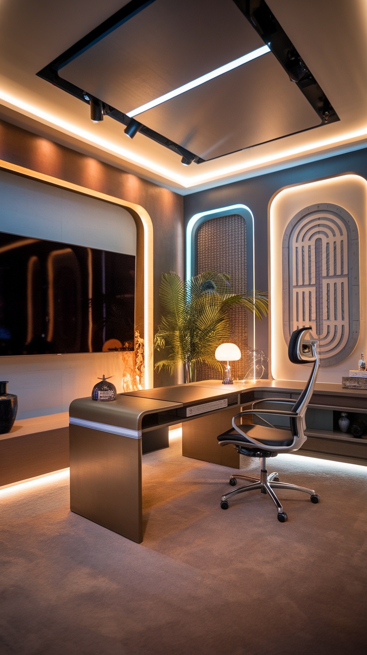 A modern futuristic home office with a sleek desk and stylish lighting.