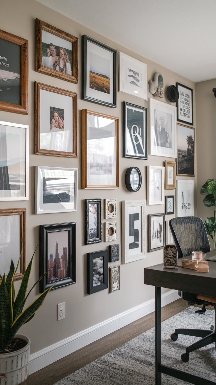 Gallery wall with various framed photos and art in a home office setting