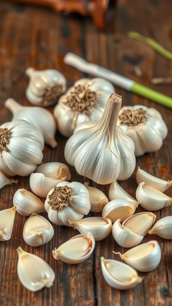 Fresh garlic bulbs and cloves on a wooden surface