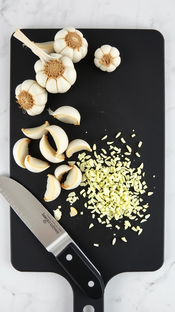 Fresh garlic cloves and a knife on a cutting board.