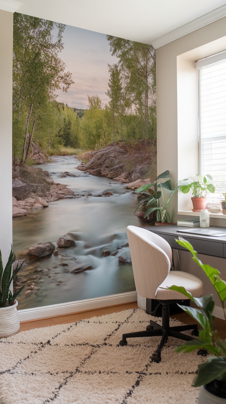 A serene river flowing gently through a green landscape, enhancing a home office with natural beauty.