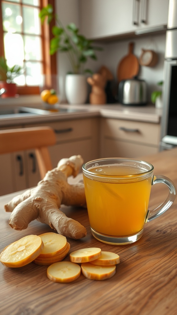 A warm cup of ginger tea with fresh ginger root and sliced ginger on a wooden table.