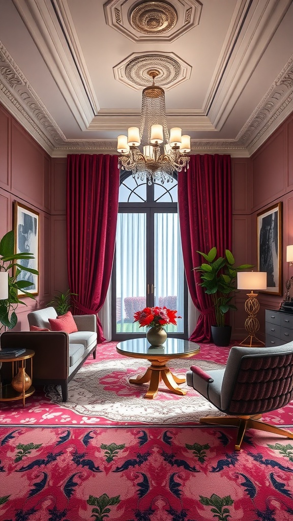 Luxurious office interior featuring pink floral rug, elegant chandelier, and stylish seating.