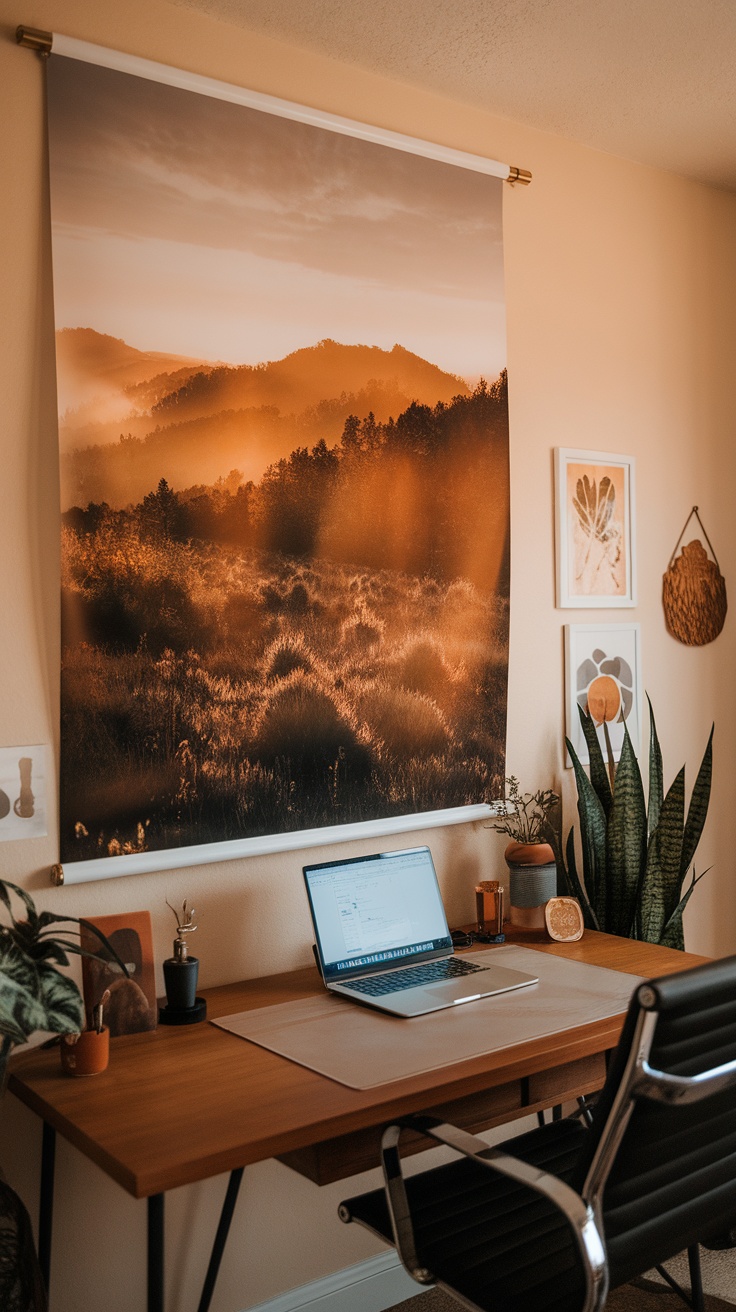 A cozy home office featuring a golden hour landscape wall art, a wooden desk with a laptop, and indoor plants.