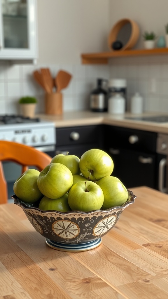 A bowl of green apples on a kitchen table